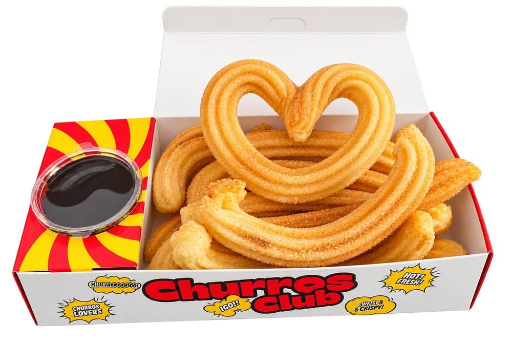 Heart-shaped churro in a Churros Club box, studio shot